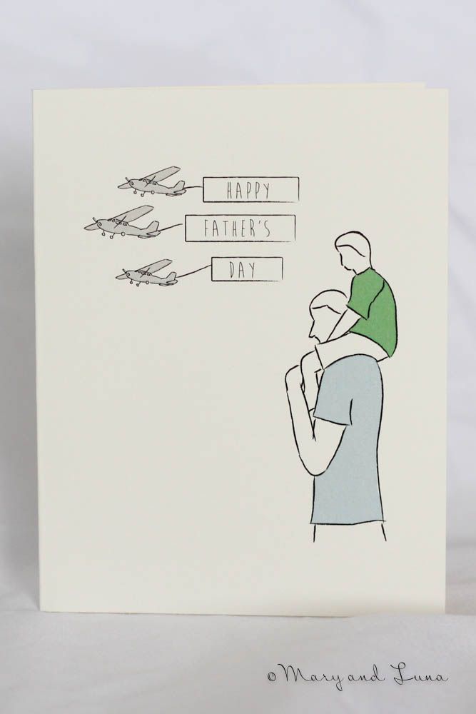 greeting card with digital art of kid on dad's shoulders. planes flying holding banners that say "happy father's day"