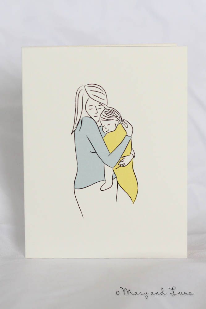 greeting card with digital art of woman holding a baby