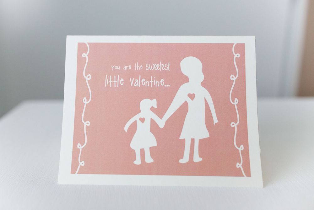 greeting card with digital cutout art of woman holding a little girl's hand. text says "you are the sweetest little valentine..."