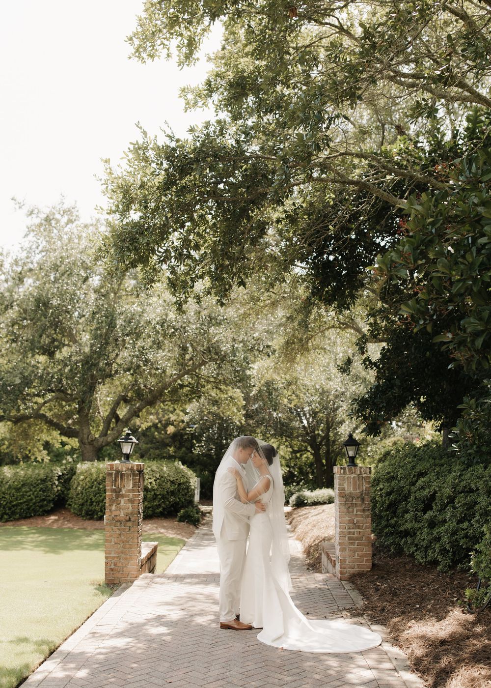 A series of wedding photographs capturing intimate moments between newlyweds on a tree-lined garden path.