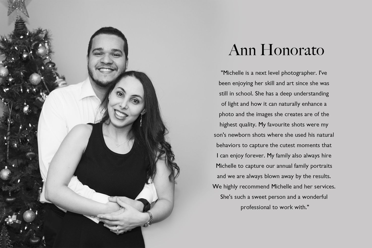 A black and white photograph showing a couple embracing in front of a Christmas tree with a testimonial on the right side.