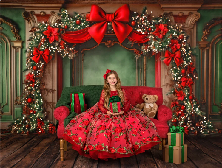 Elegant Christmas backdrop with ornate pillars, red bows, garlands, and wrapped presents in festive holiday setting.