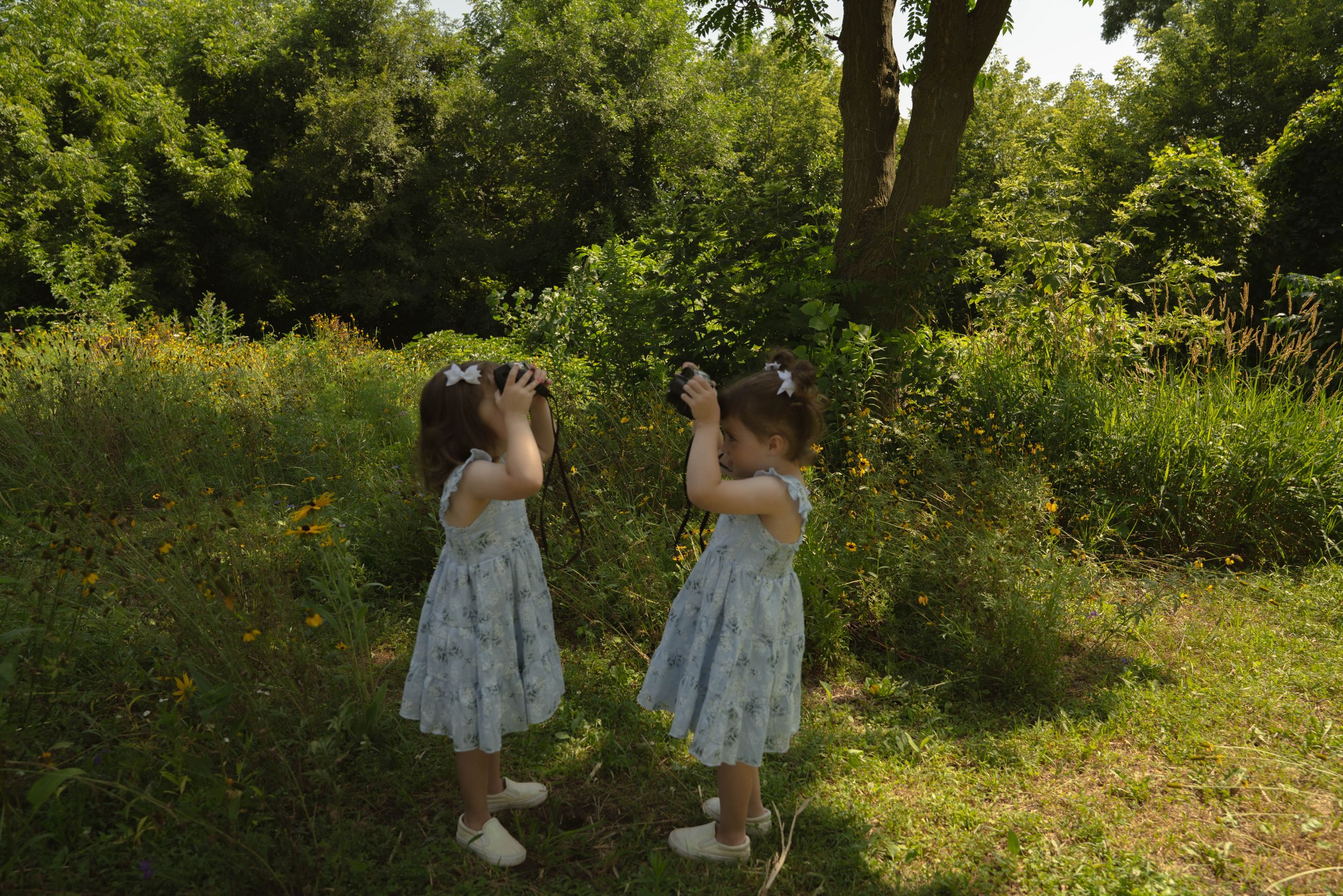 A sequence of lifestyle photos captured in a verdant summer garden setting.