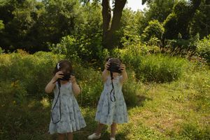 A series of candid photos showing playful interactions in a lush green outdoor setting.