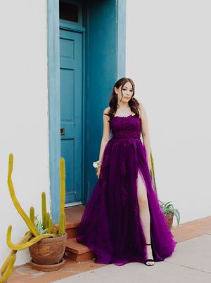 Woman in flowing purple evening gown stands by blue doorway with potted cactus.