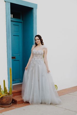 Silver tulle ball gown photographed against white wall with turquoise door.