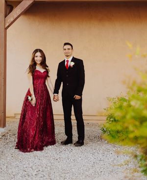 A series of formal portraits against a beige wall with gravel ground.