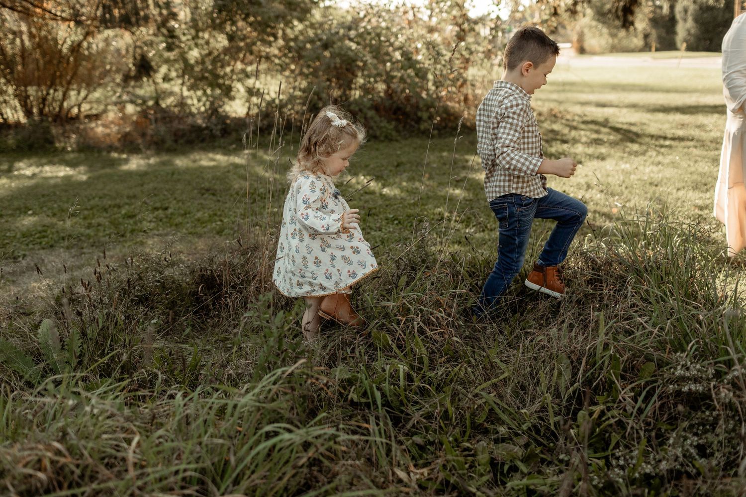 Candid outdoor photography captures joyful family moment in natural green setting during golden hour.
