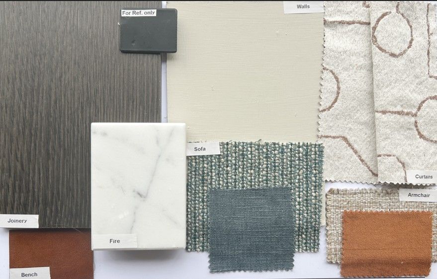 Mood board showing a mix of fabrics, natural stone, wall paint and natural timber forming the colour scheme for a living room.
