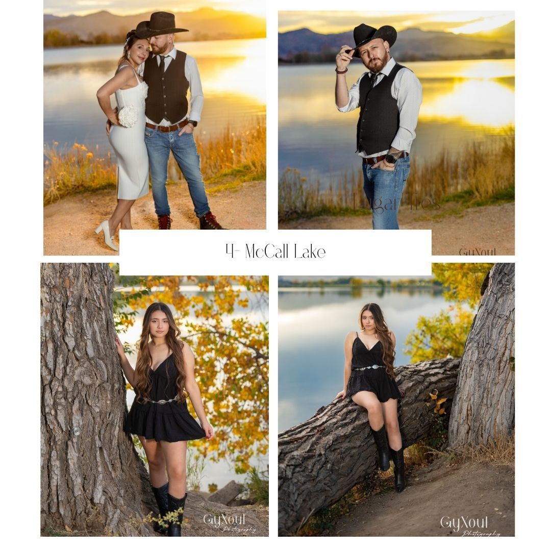 Romantic couple in western attire enjoy sunset by tranquil lake surrounded by autumn foliage and mountain views.