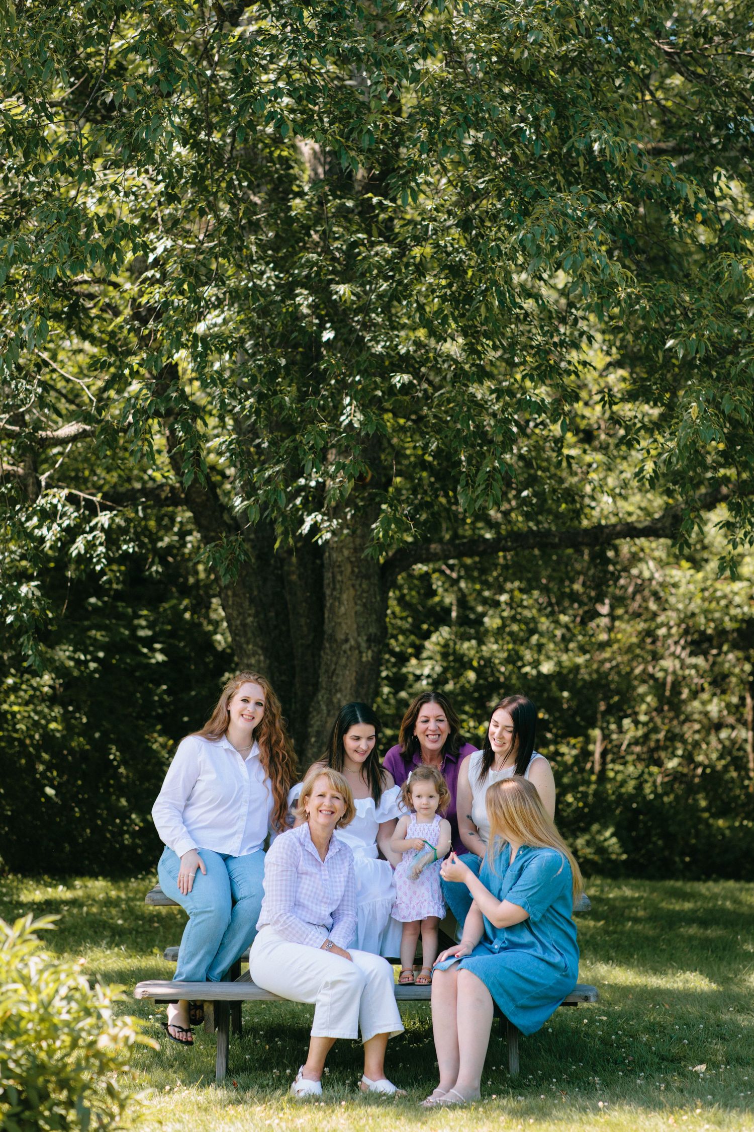 A group sits together on a wooden bench under a lush green tree in a sunny outdoor setting during summer.