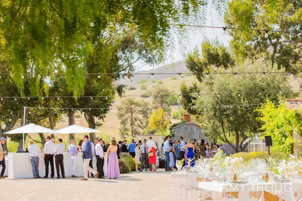 Wedding guests mingle at an outdoor cocktail hour surrounded by lush greenery and hills.