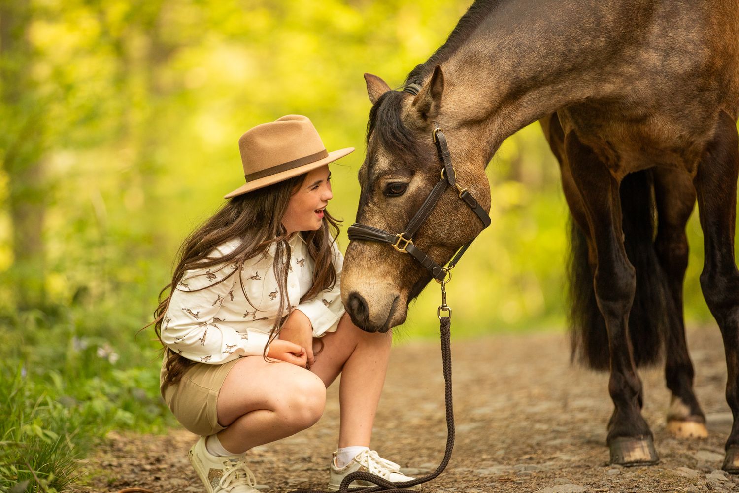 A series of five connected images showing a person petting and interacting with a friendly brown horse in a nature setting.