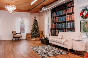 Panoramic view of a cozy living room with wood paneled ceiling, bookshelves, and Christmas decorations.
