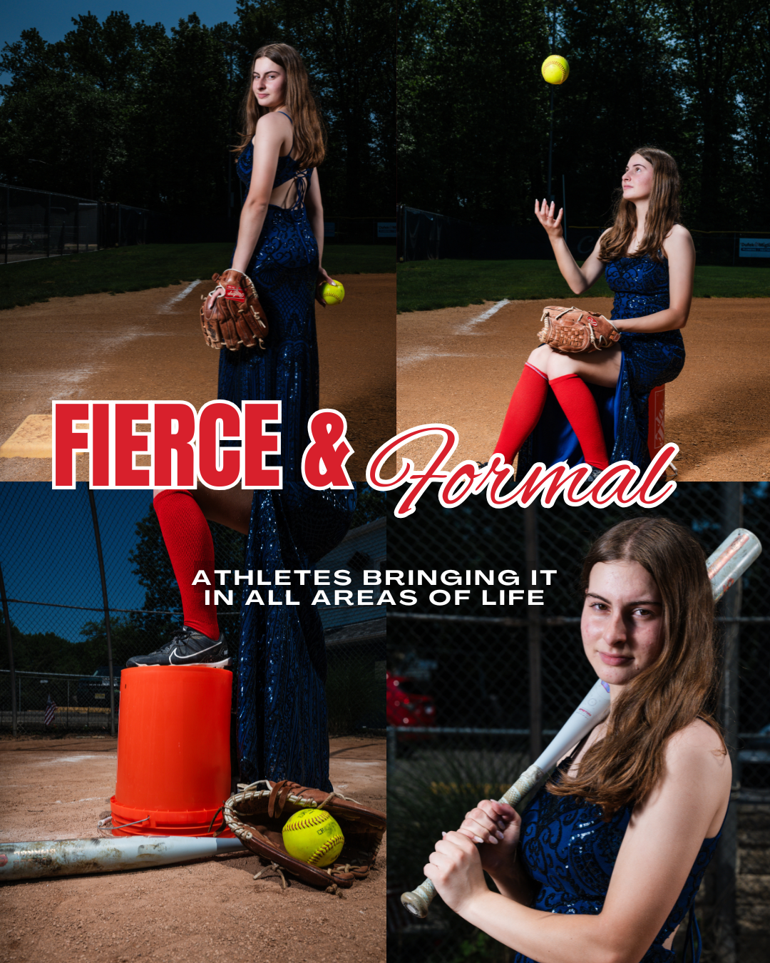 Three-panel photo collage of athlete in formal wear posing with baseball equipment on field.