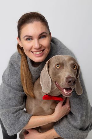 Weimari vizsla piros csokornyakkendőben gazdijával