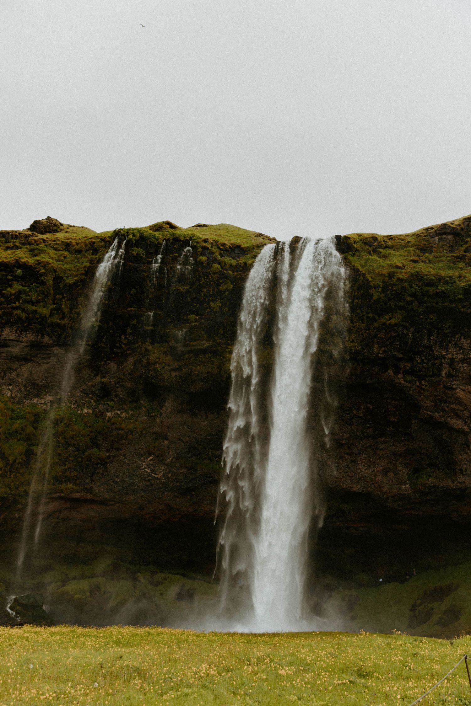 Majestic waterfall cascades down a moss-covered cliff in dramatic natural landscape.
