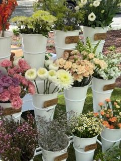 Display of fresh flowers in white buckets showcasing various colors and varieties.