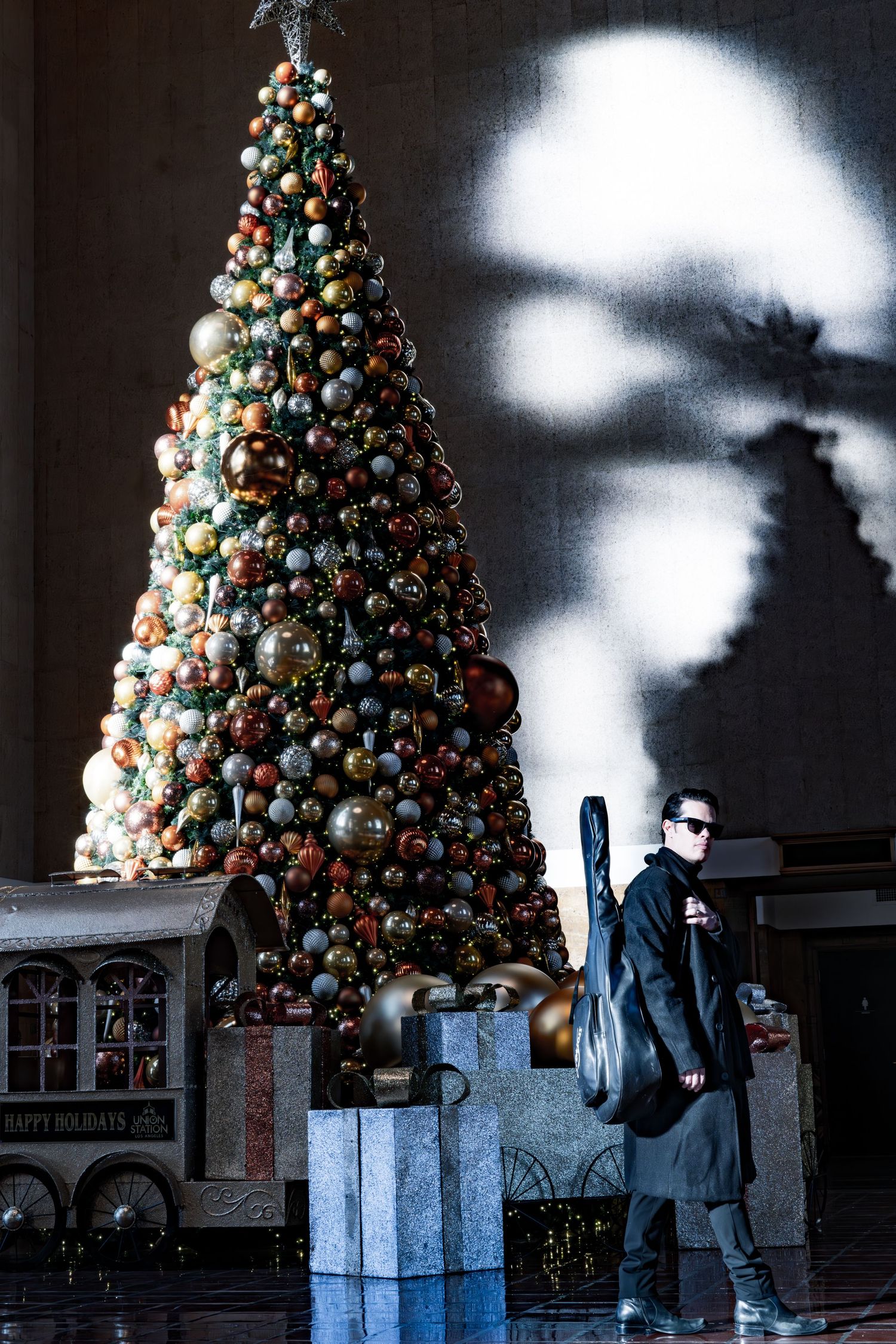 A person in dark clothing stands near an elegantly decorated Christmas tree with wrapped presents.