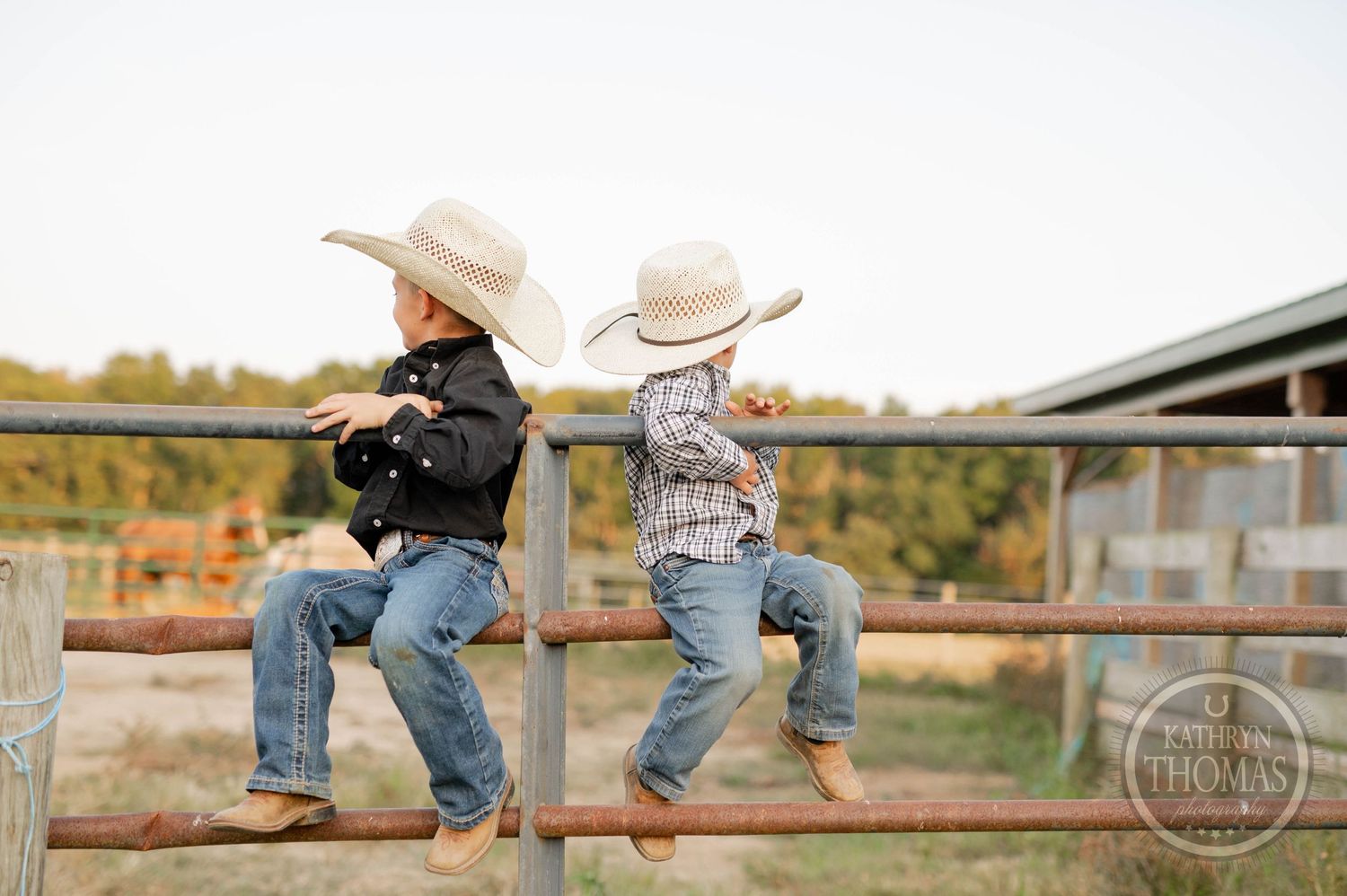 Two children in cowboy hats sitting playfully on metal fence rails at sunset.