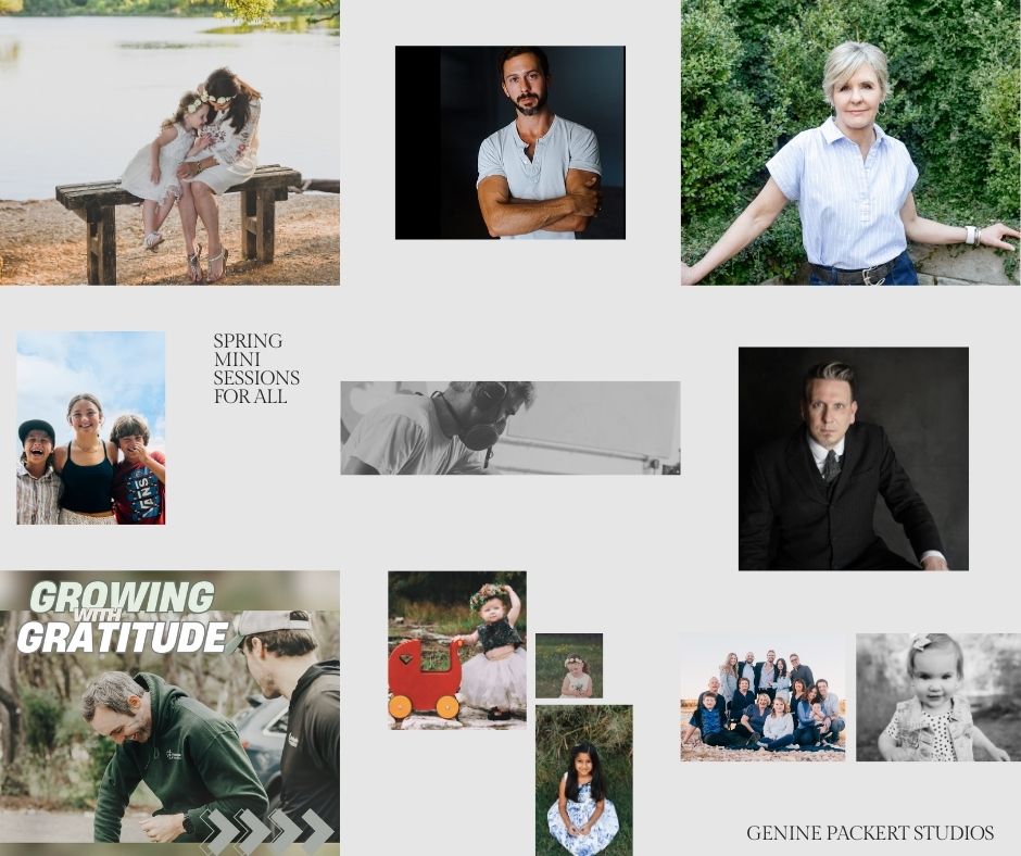 A collage of lifestyle and portrait photos arranged in a grid layout against a neutral background.