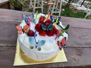 A white frosted cake decorated with colorful butterfly ornaments on a wooden table.