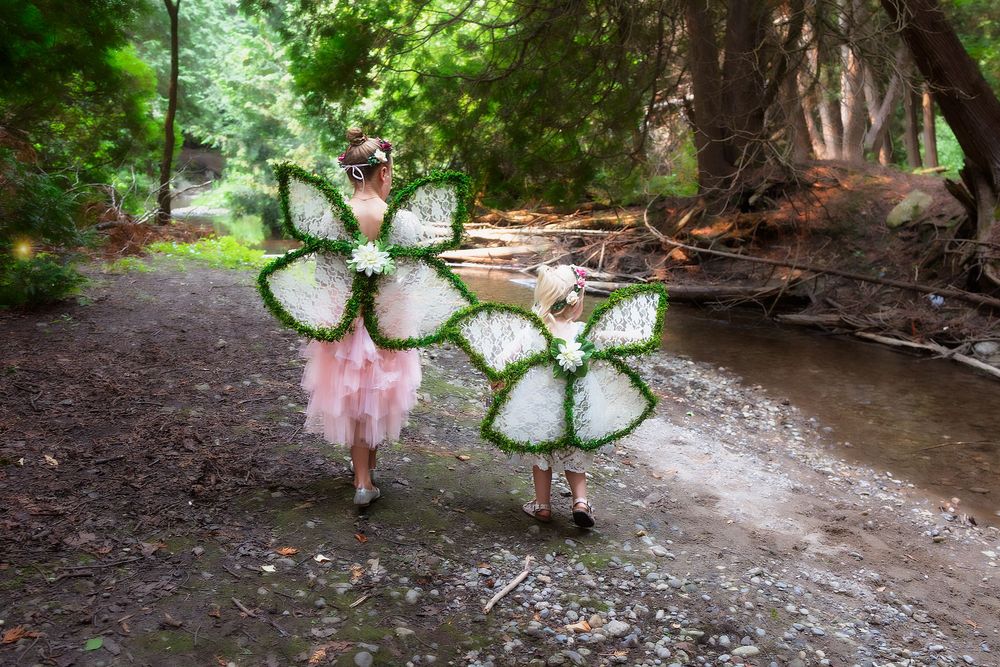 Children in pink and white tutus and fairy wings walk playfully among towering  trees in a enchanted forest setting