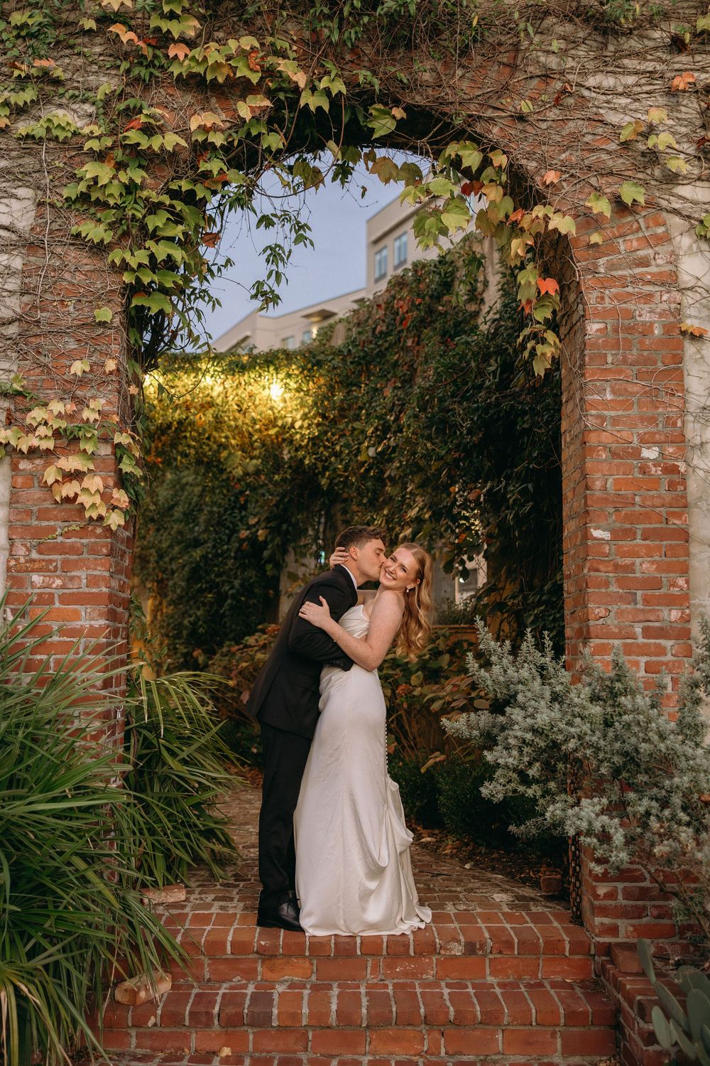 Romantic wedding couple portraits at blue hour at the wedding venue Summerour Studio in Atlanta, Georgia