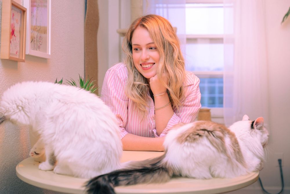 Woman in pink sweater relaxing with fluffy cat on table.