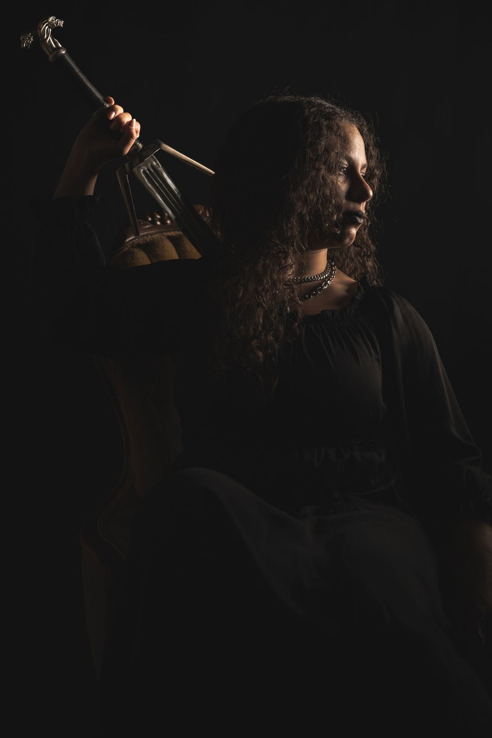 A dramatic side profile silhouette of a performer singing into a microphone against a dark background.