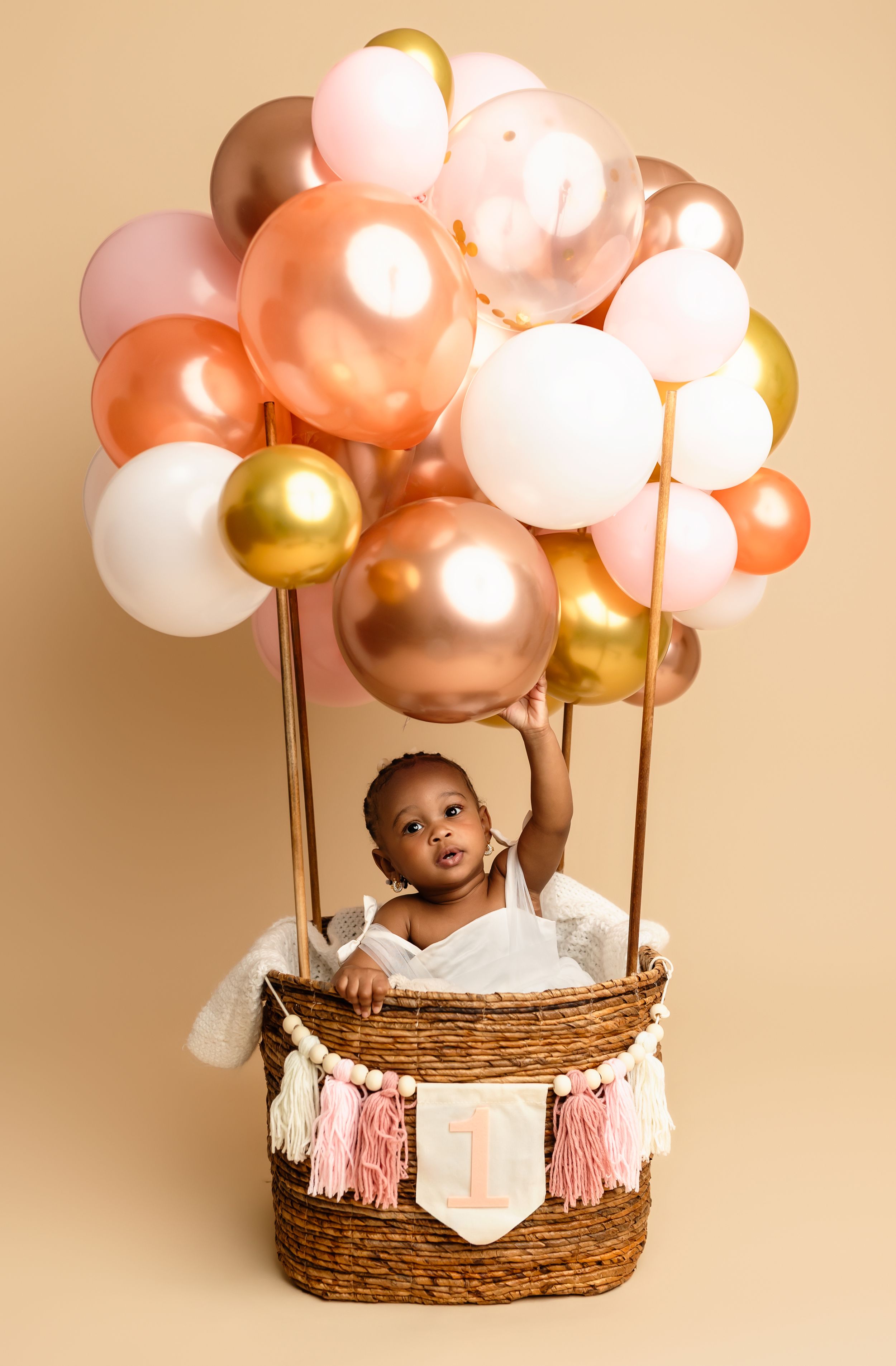 Adorable baby girl celebrates her first birthday with a pink hot air balloon theme photoshoot by Charlottesville newborn photographer.