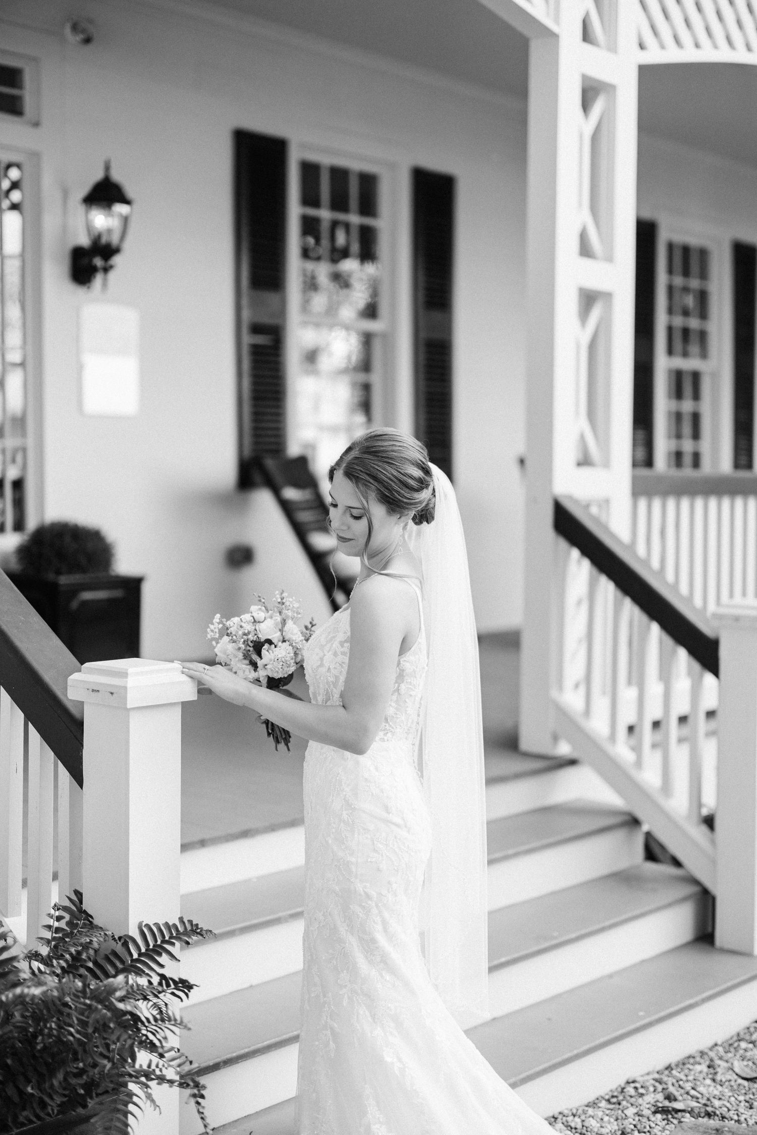 A series of black and white photos showing a person in a white dress on a classic southern style porch with columns.