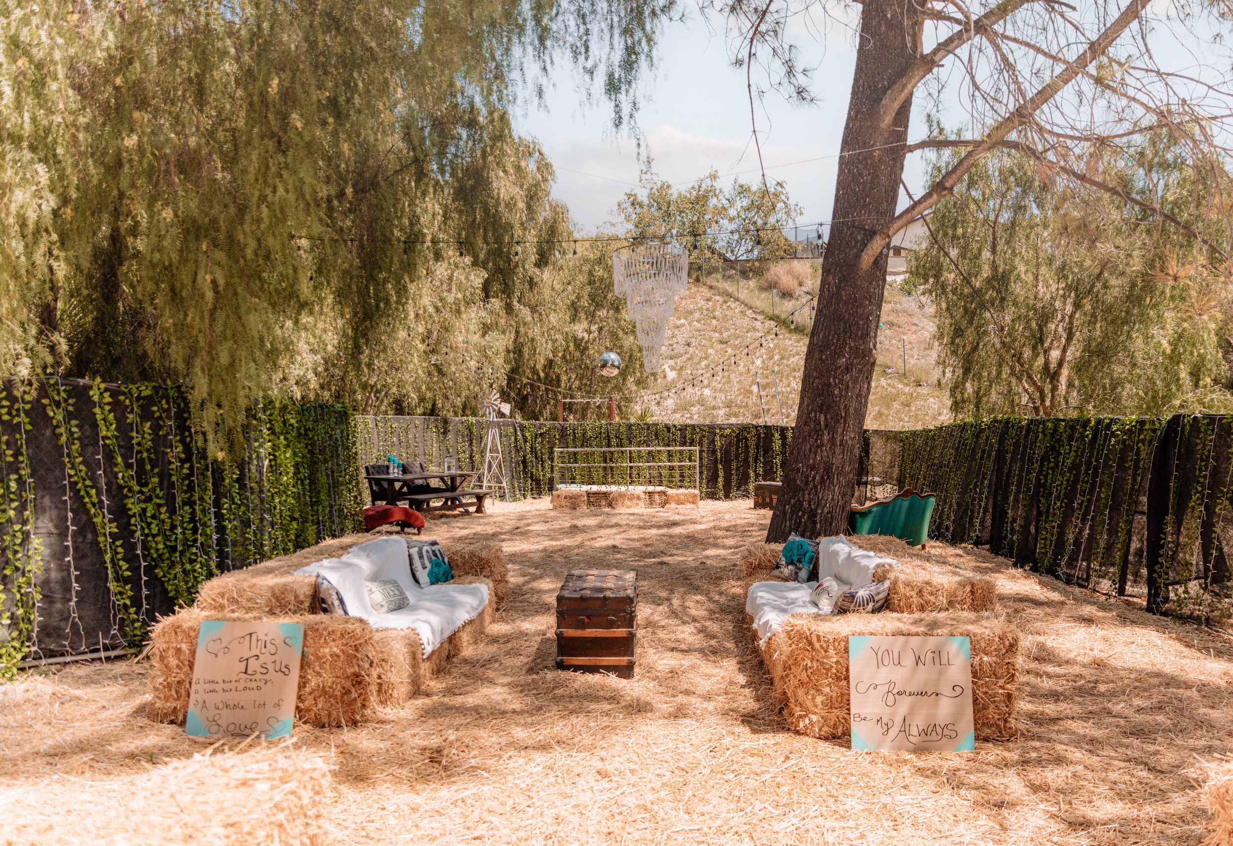 Outdoor venue with hay bales and trees creating a natural rustic atmosphere.