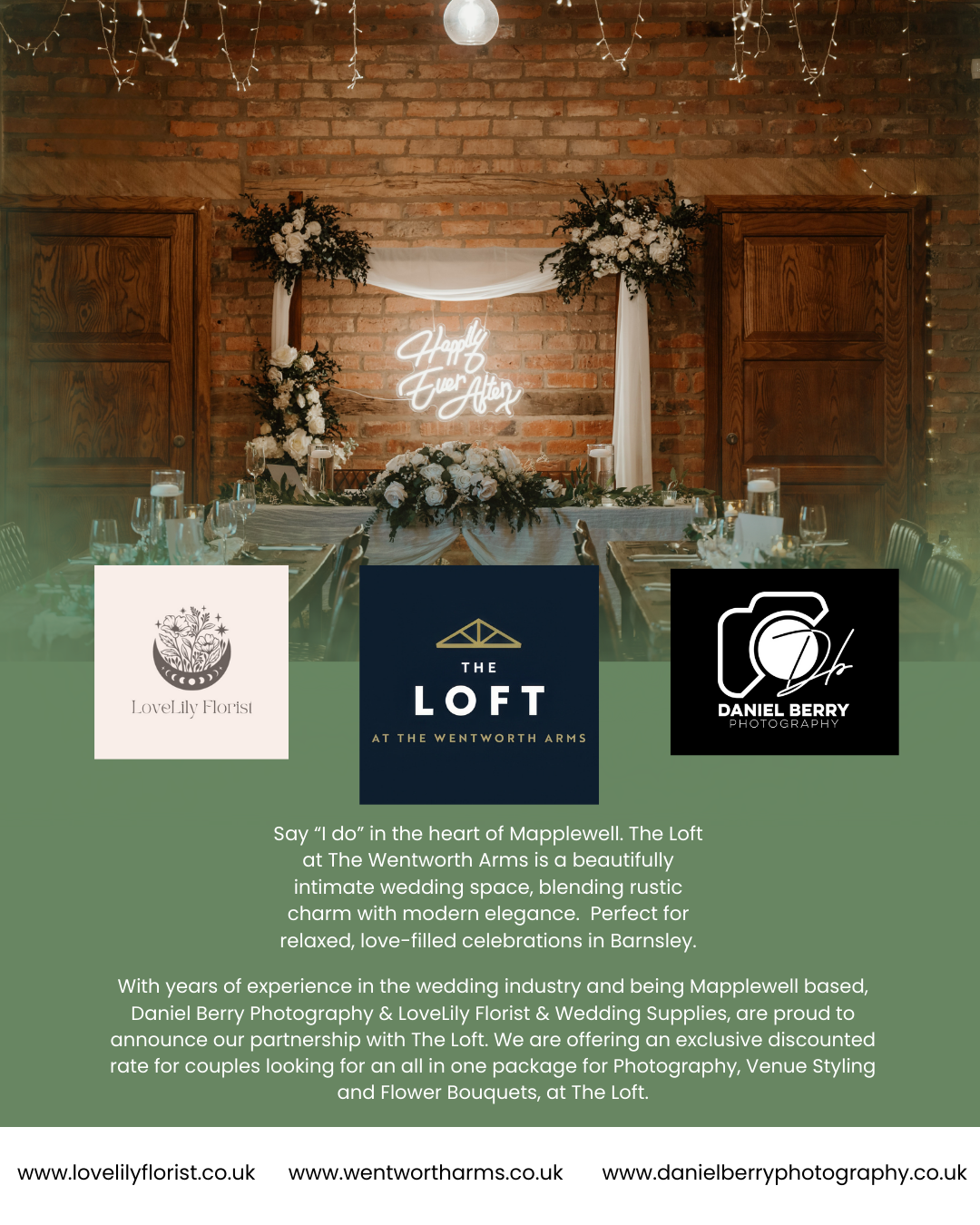 Wedding venue display with neon 'Better Together' sign, floral arrangements, and three business logos against brick wall backdrop.