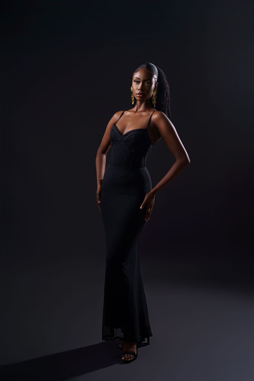 Dramatic silhouette of a woman in a black dress posing against dark background with moody lighting.