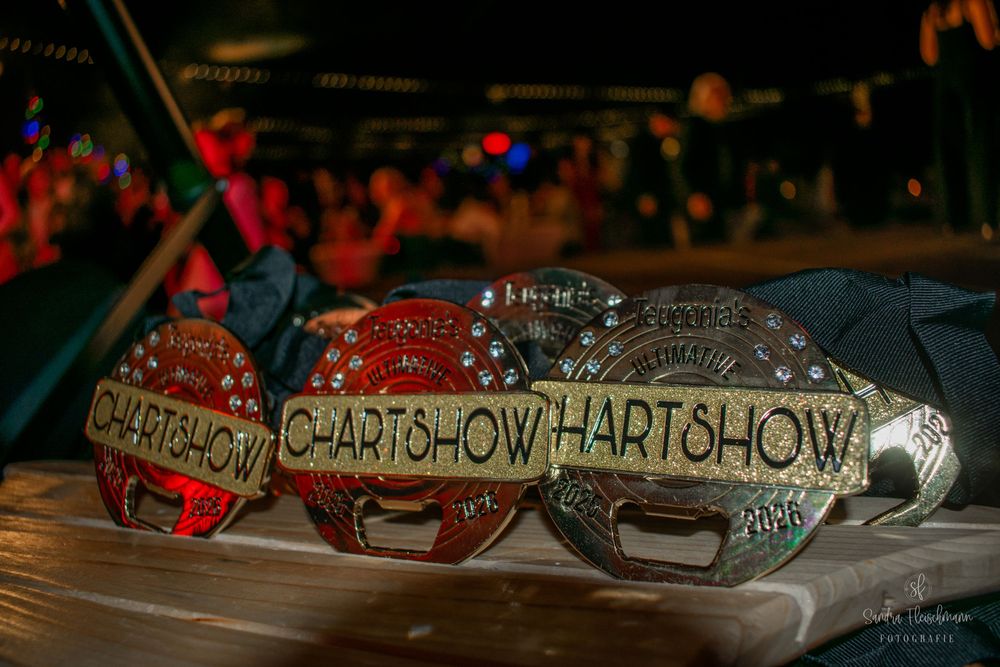 Close-up of ornate silver trophies or awards displayed in a row on a dark wooden surface.