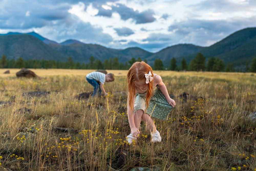 Family photoshoot in mountain meadow with dramatic clouds and mountain backdrop.