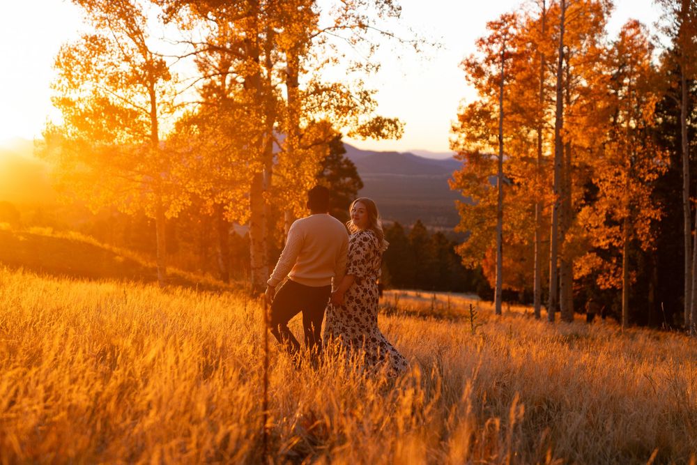 Couple walking through golden field at sunset with aspen trees in background.