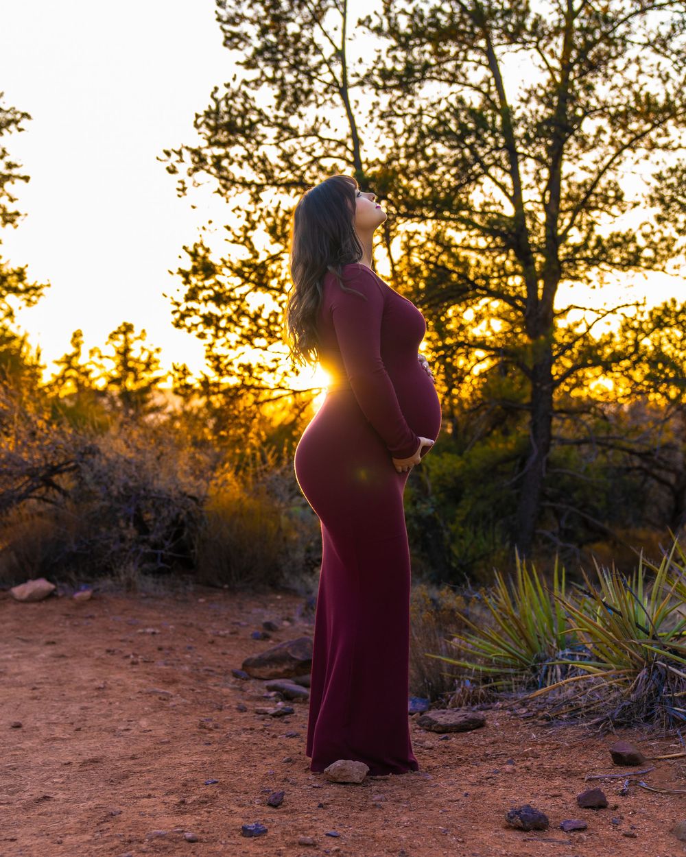 Silhouetted trees frame expectant mother in burgundy dress during desert sunset.