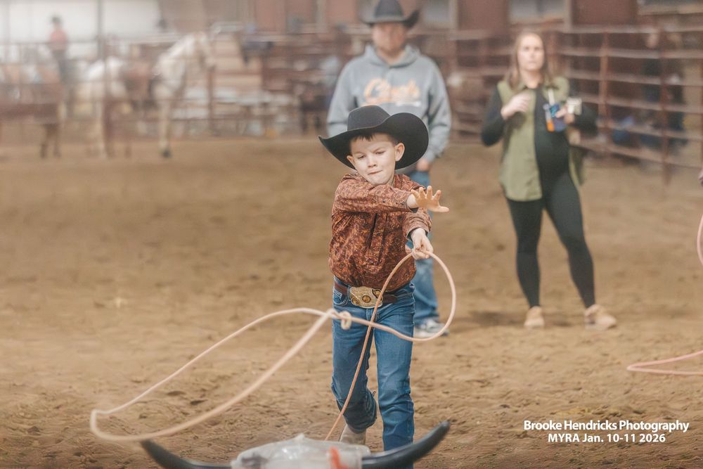 Multiple action shots show a young cowboy practicing roping techniques on a training dummy in a dirt arena.