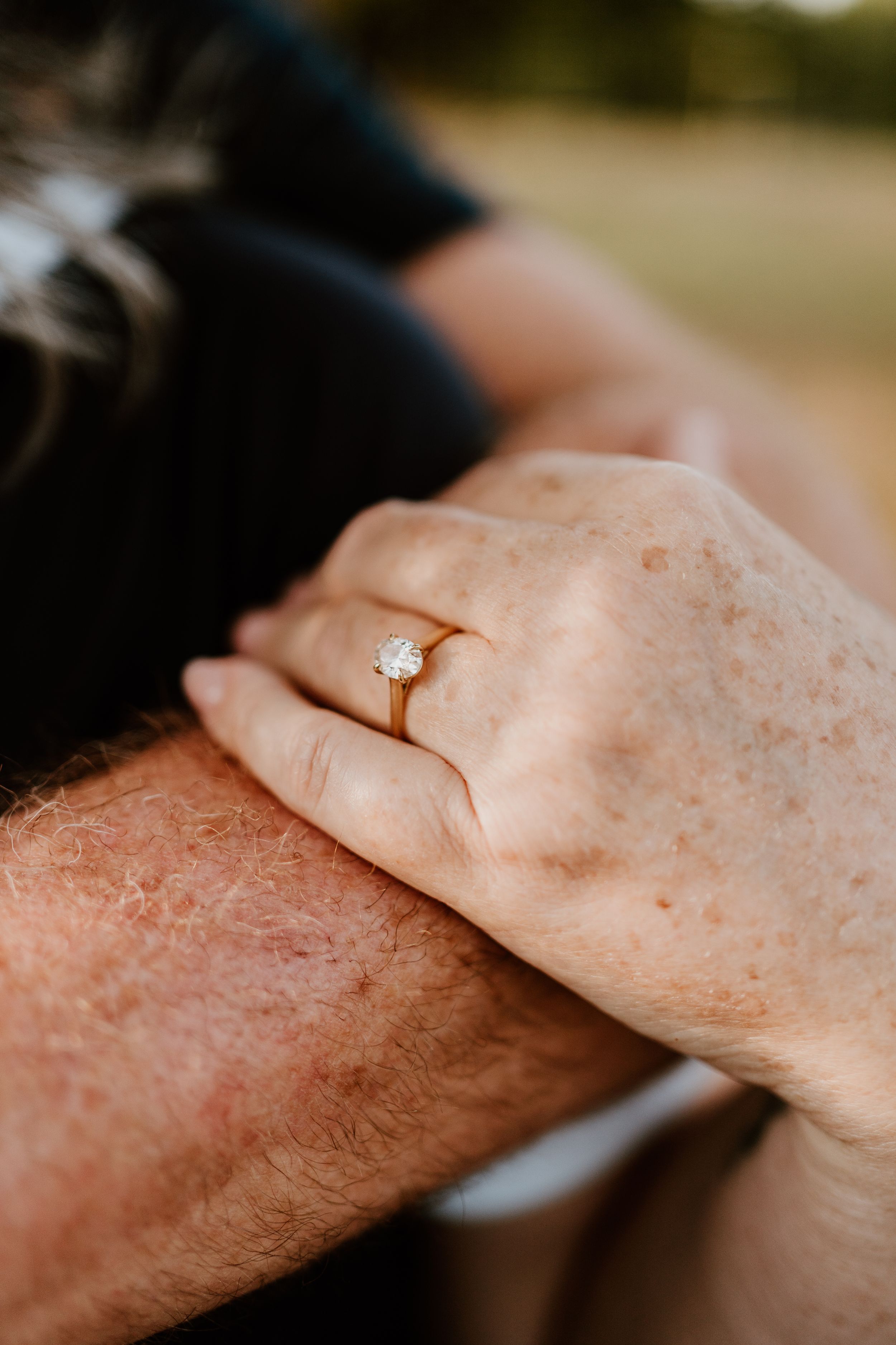 Close-up detail of an engagement ring on a hand resting against another person.
