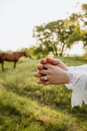Two hands clasped together showing an engagement ring, with a horse grazing in a sunlit green field in the background.