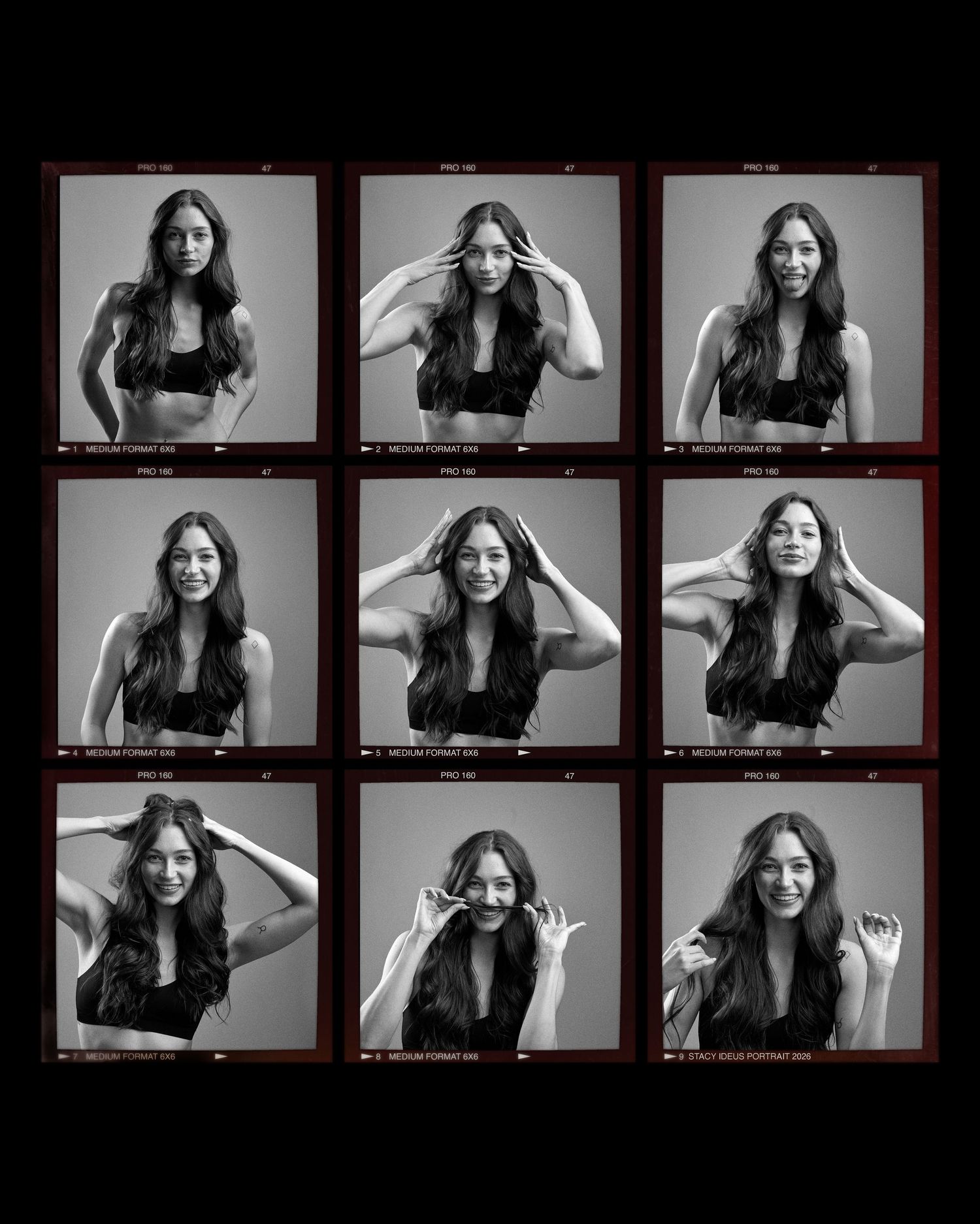 A black and white contact sheet showing multiple portrait poses in a studio setting.