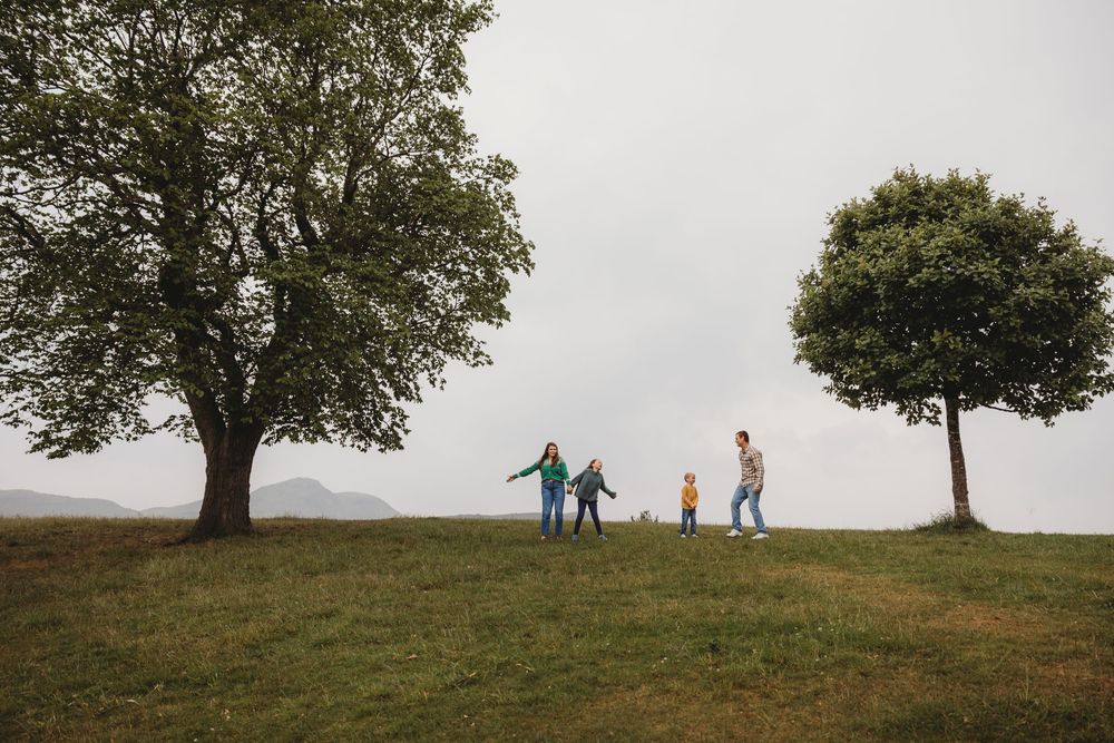 Silhouettes of people walking on a grassy hilltop between two trees against an overcast sky.