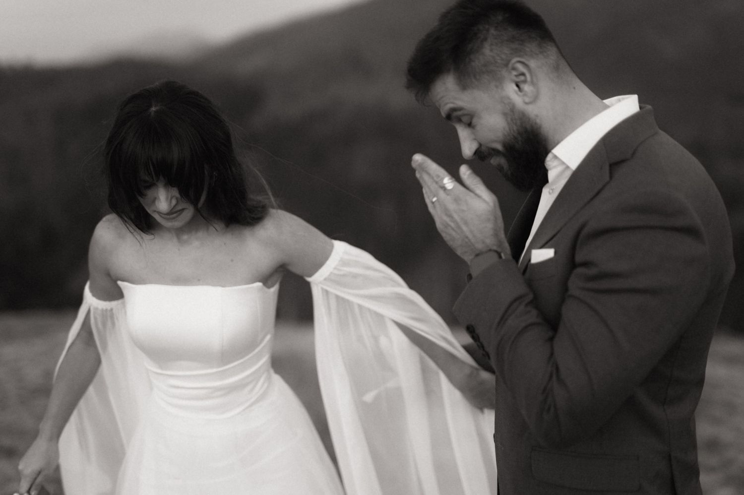 A black and white wedding photo sequence showing tender moments between a couple on their special day.