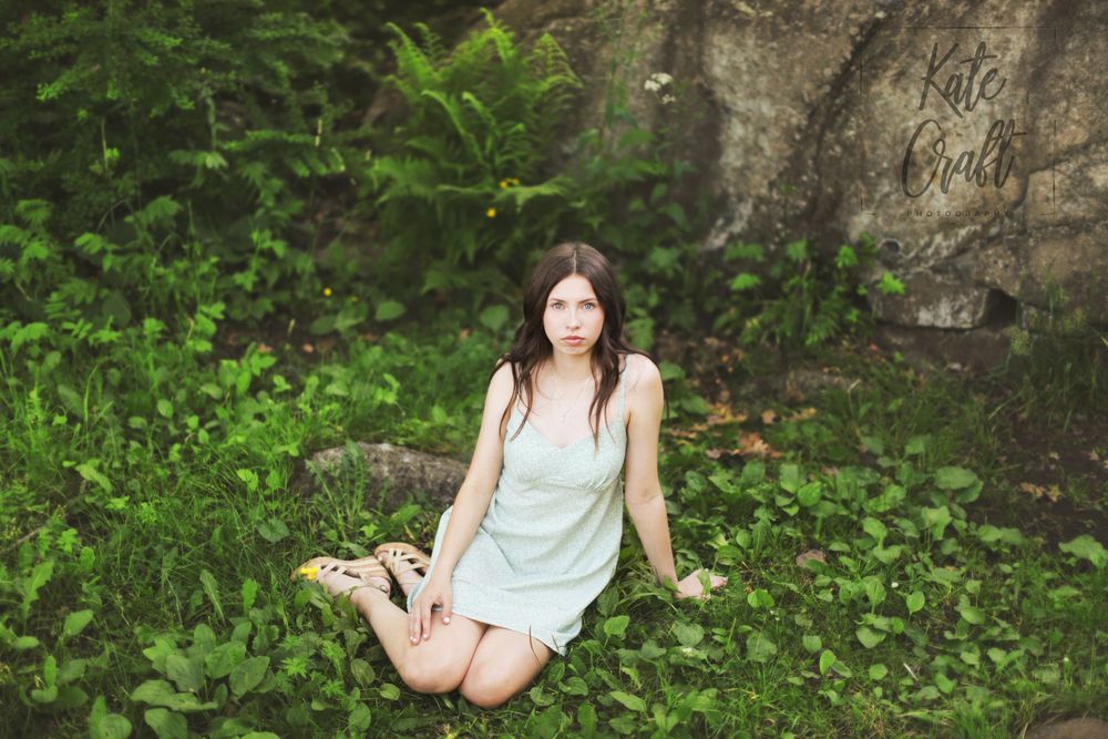 A series of outdoor photos showing someone sitting in a garden setting surrounded by greenery and stone walls.