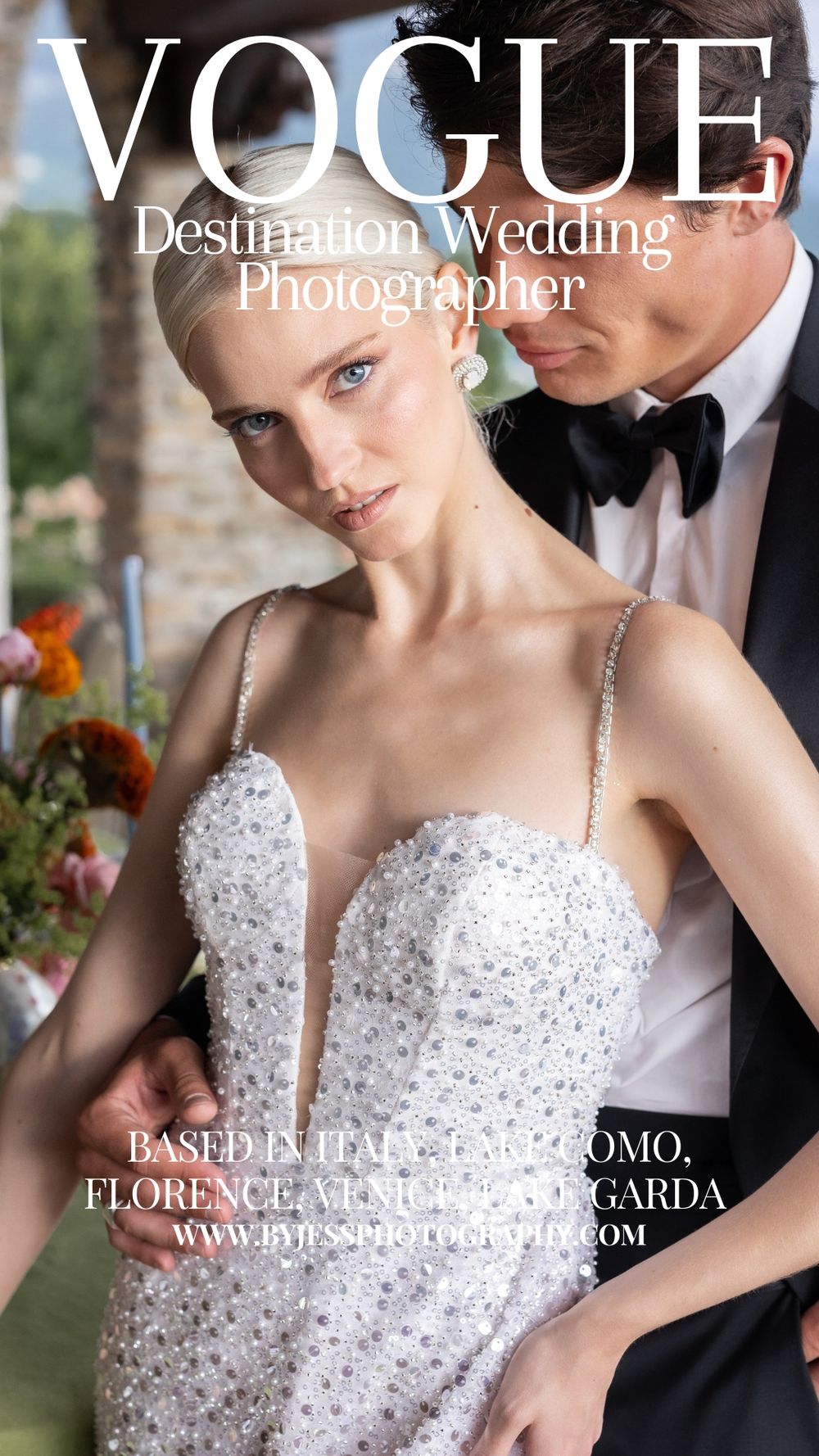 Close-up details of a bride wearing an elegant white beaded wedding dress with sweetheart neckline and crystal embellishments.