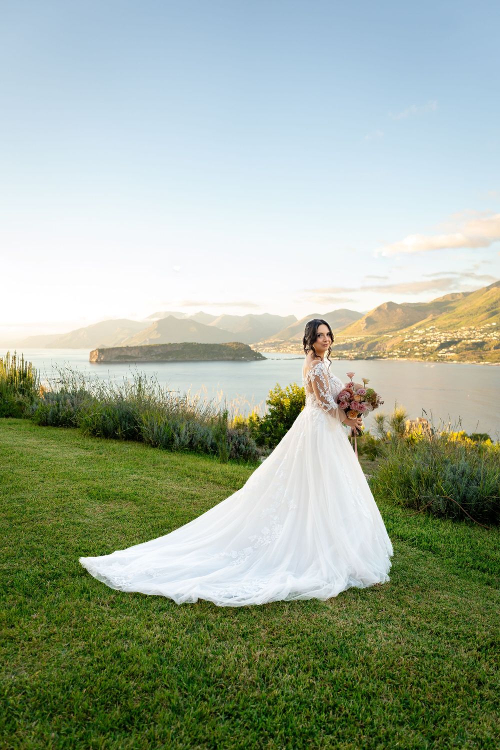 Fine art wedding portrait in Italy with soft light and elegant styling