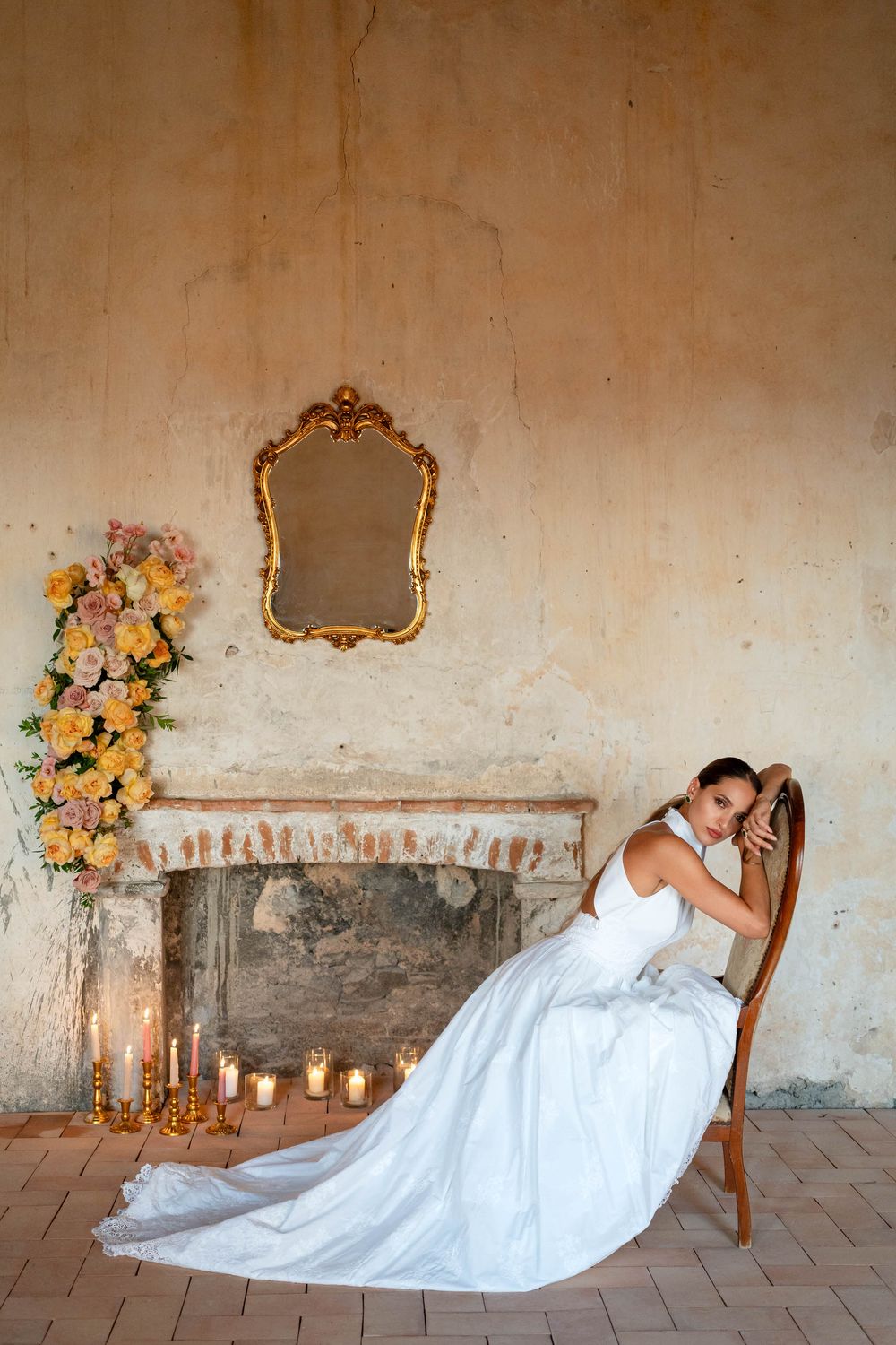 Elegant bride posing in a historic Italian villa, fine art destination wedding photography in Italy