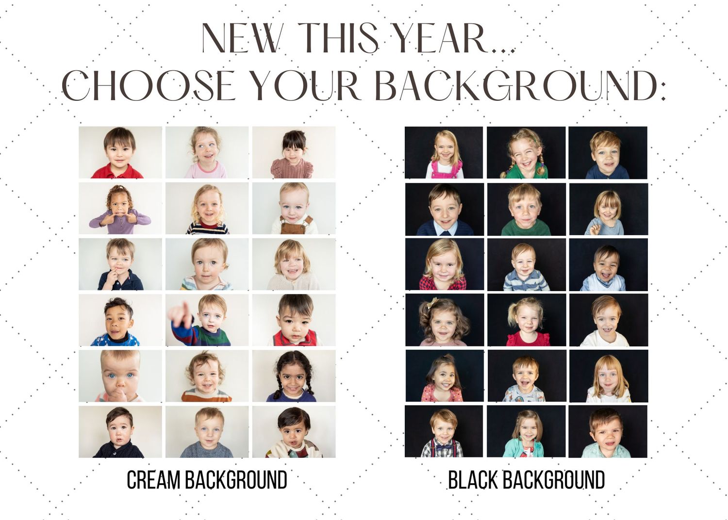 A collection of portrait photo layouts showing different background options for a photography studio.